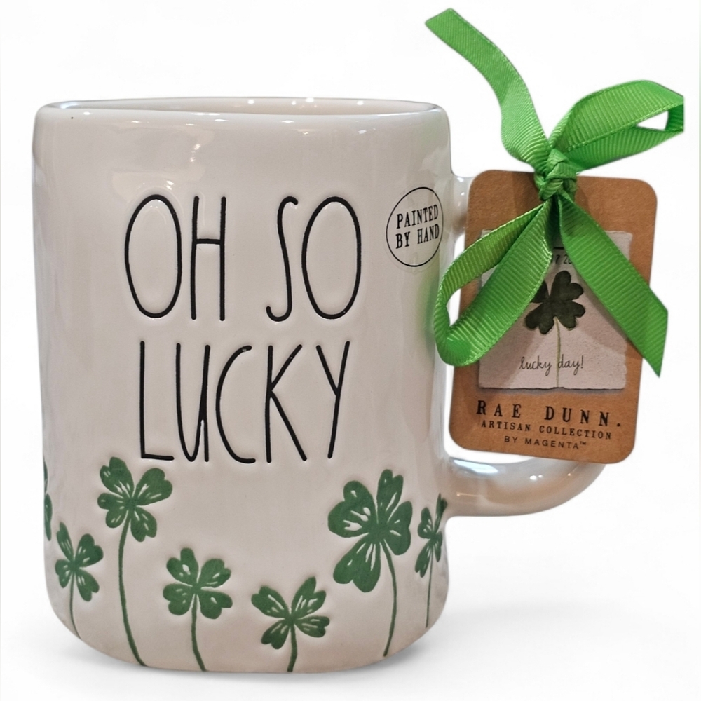 Rae Dunn 'Oh So Lucky' Ceramic Mug - Green and White, New